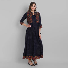 Women's Navy Rayon Designer Printed Flared Dress
