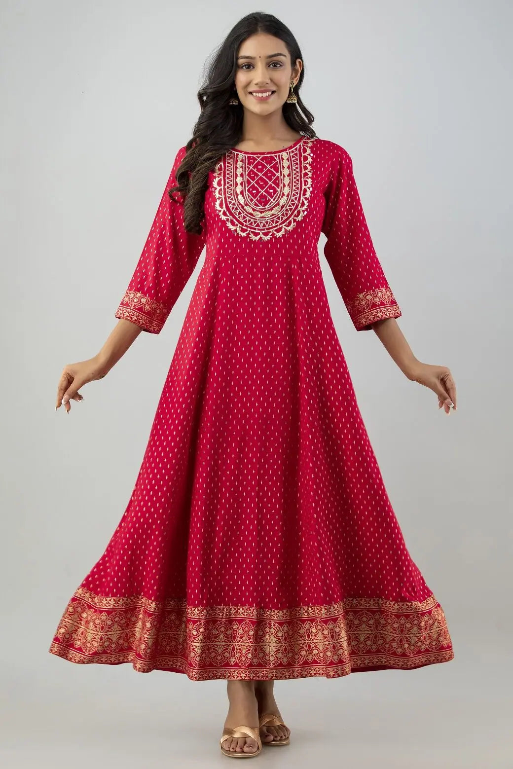 Women's Red Rayon Printed Flared Dress