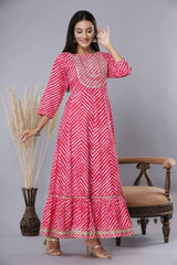 Women's Fuschia Printed Embroidered Mirror Work Sequin Cotton Flared Dress-5101OTFUSCHIA-XXL
