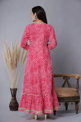 Women's Fuschia Printed Embroidered Mirror Work Sequin Cotton Flared Dress-5101OTFUSCHIA-XXL