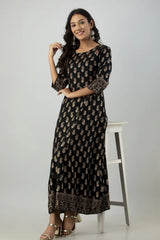 Women's Jet Black Rayon Best Printed Flared Dress