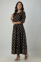 Women's Jet Black Rayon Best Printed Flared Dress