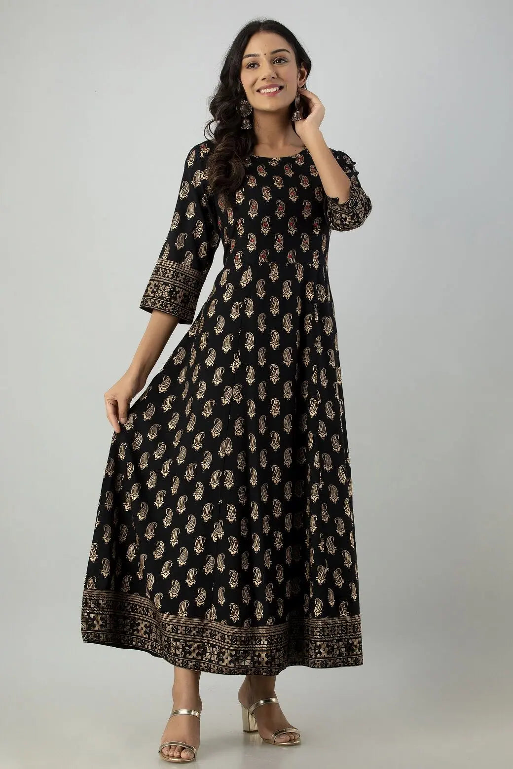 Jet Black Rayon Printed Flared Dress | Indian Dresses
