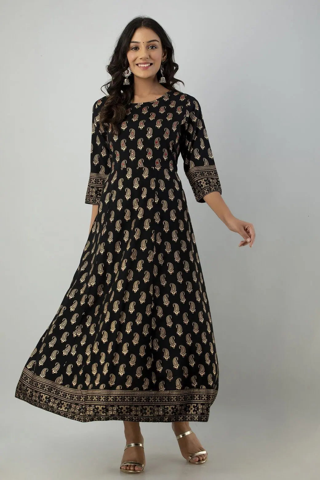 Women's Jet Black Rayon Best Printed Flared Dress