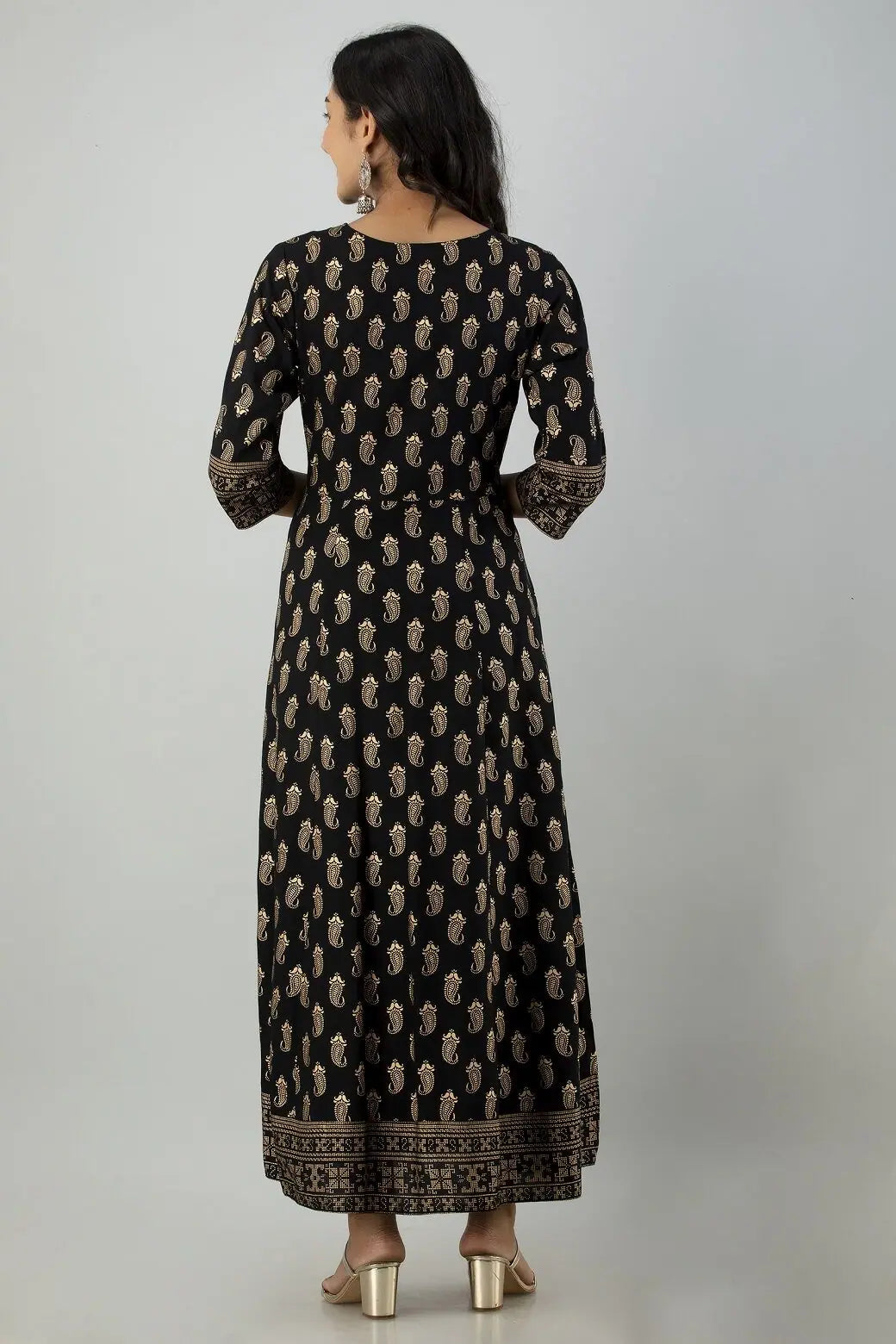 Jet Black Rayon Printed Flared Dress | Indian Dresses