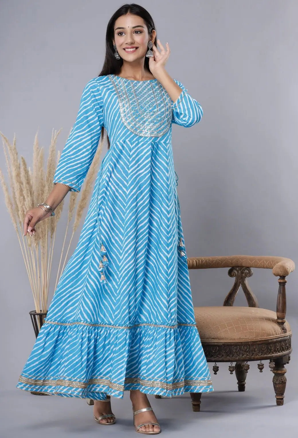 Sky Blue Printed Mirror Work Cotton Flared Indian Dresses