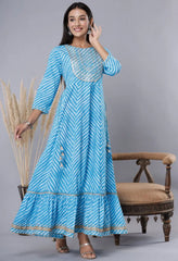 Women's Skyblue Printed Embroidered Mirror Work Sequin Cotton Flared Dress