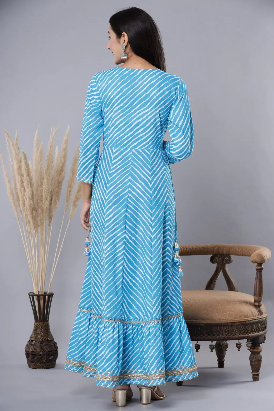 Sky Blue Printed Mirror Work Cotton Flared Indian Dresses