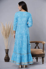 Women's Skyblue Printed Embroidered Mirror Work Sequin Cotton Flared Dress