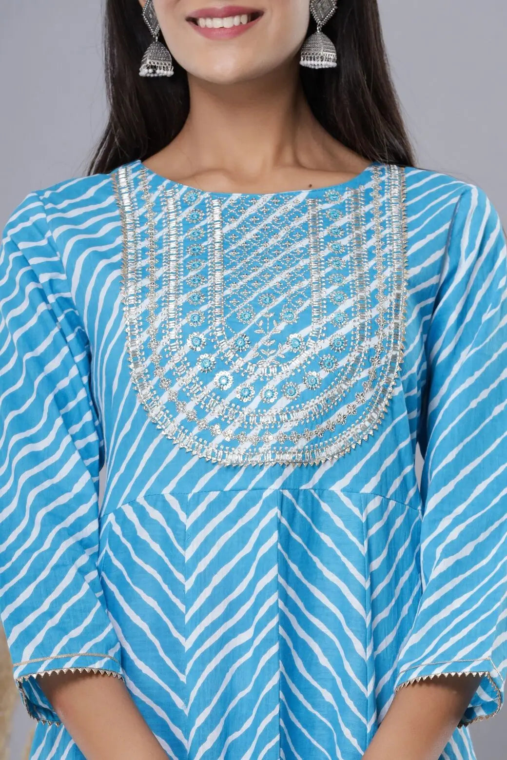 Sky Blue Printed Mirror Work Cotton Flared Indian Dresses