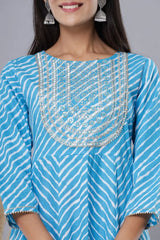 Women's Skyblue Printed Embroidered Mirror Work Sequin Cotton Flared Dress