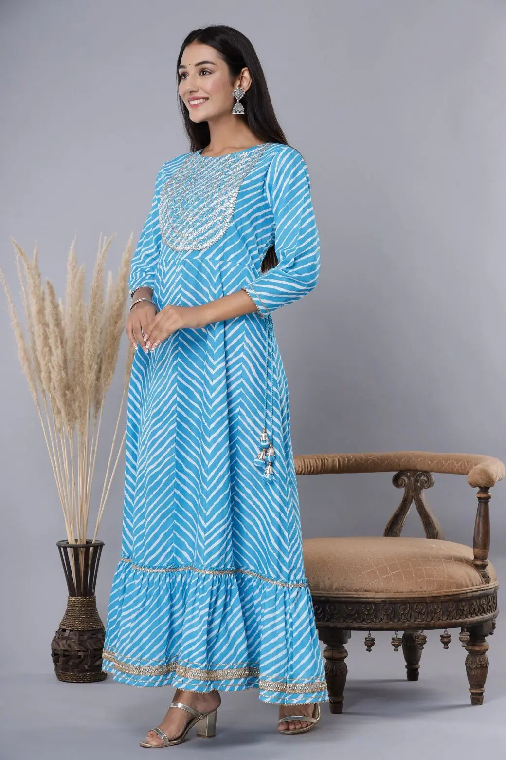 Sky Blue Printed Mirror Work Cotton Flared Indian Dresses