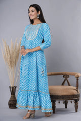 Women's Skyblue Printed Embroidered Mirror Work Sequin Cotton Flared Dress