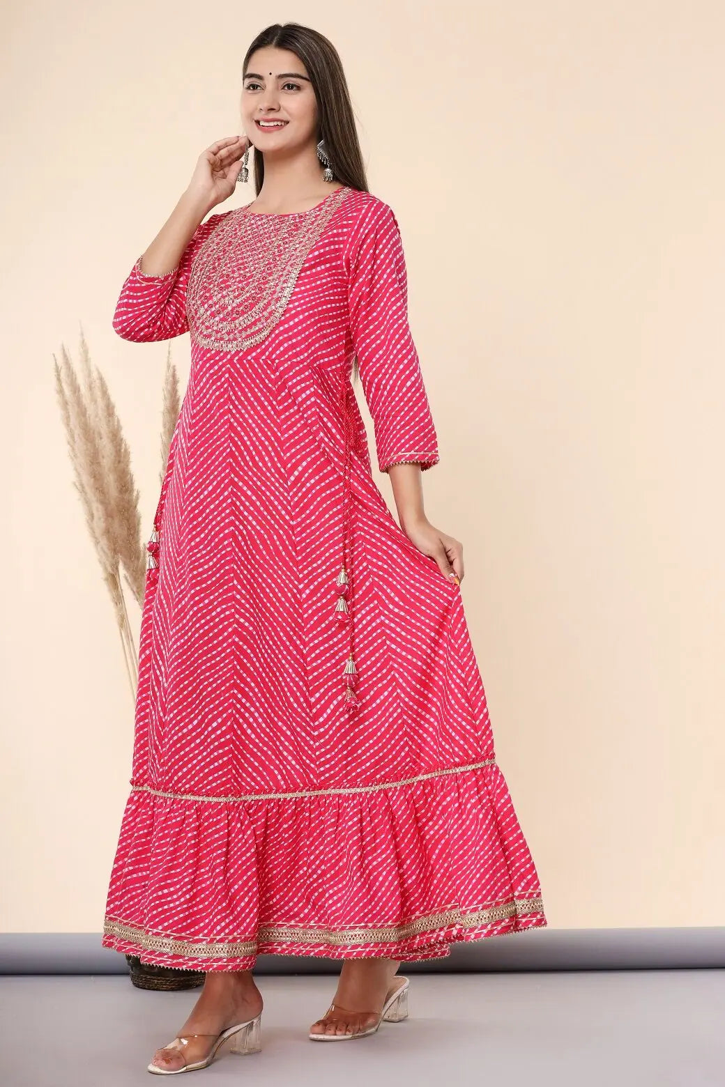 Fuschia Printed Embroidered Cotton Flared Indian Dress Online