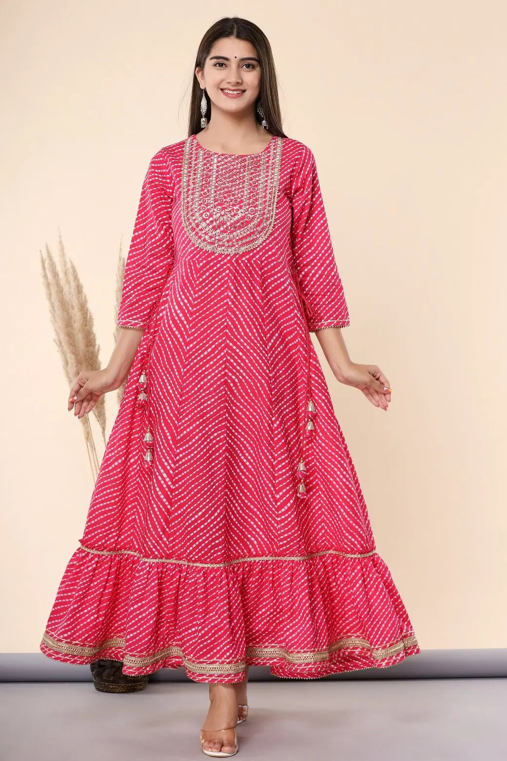 Fuschia Printed Embroidered Cotton Flared Indian Dress Online