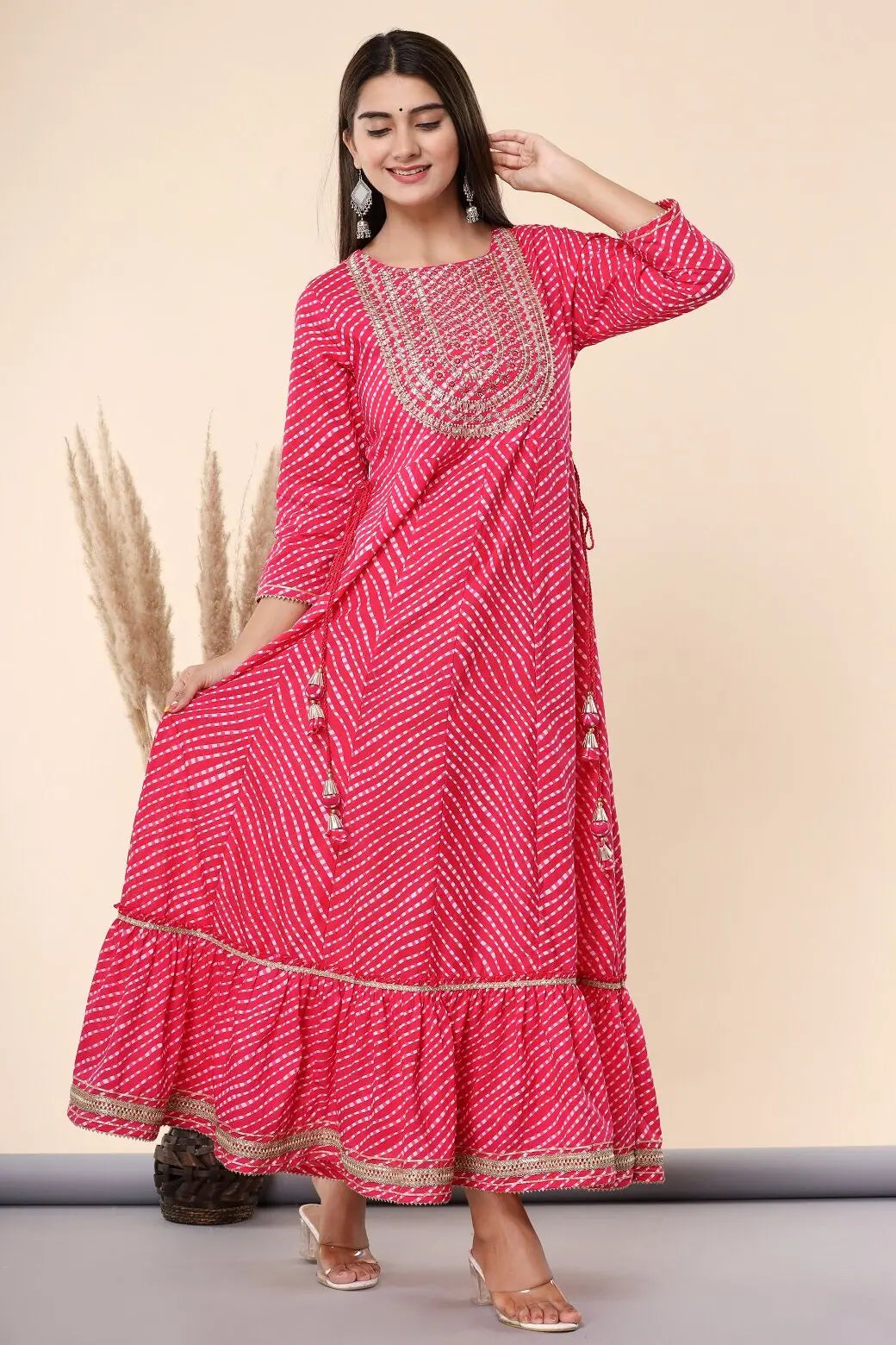 Fuschia Printed Embroidered Cotton Flared Indian Dress Online