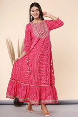 Women's Fuschia Printed Embroidered Mirror Work Cotton Flared Dress