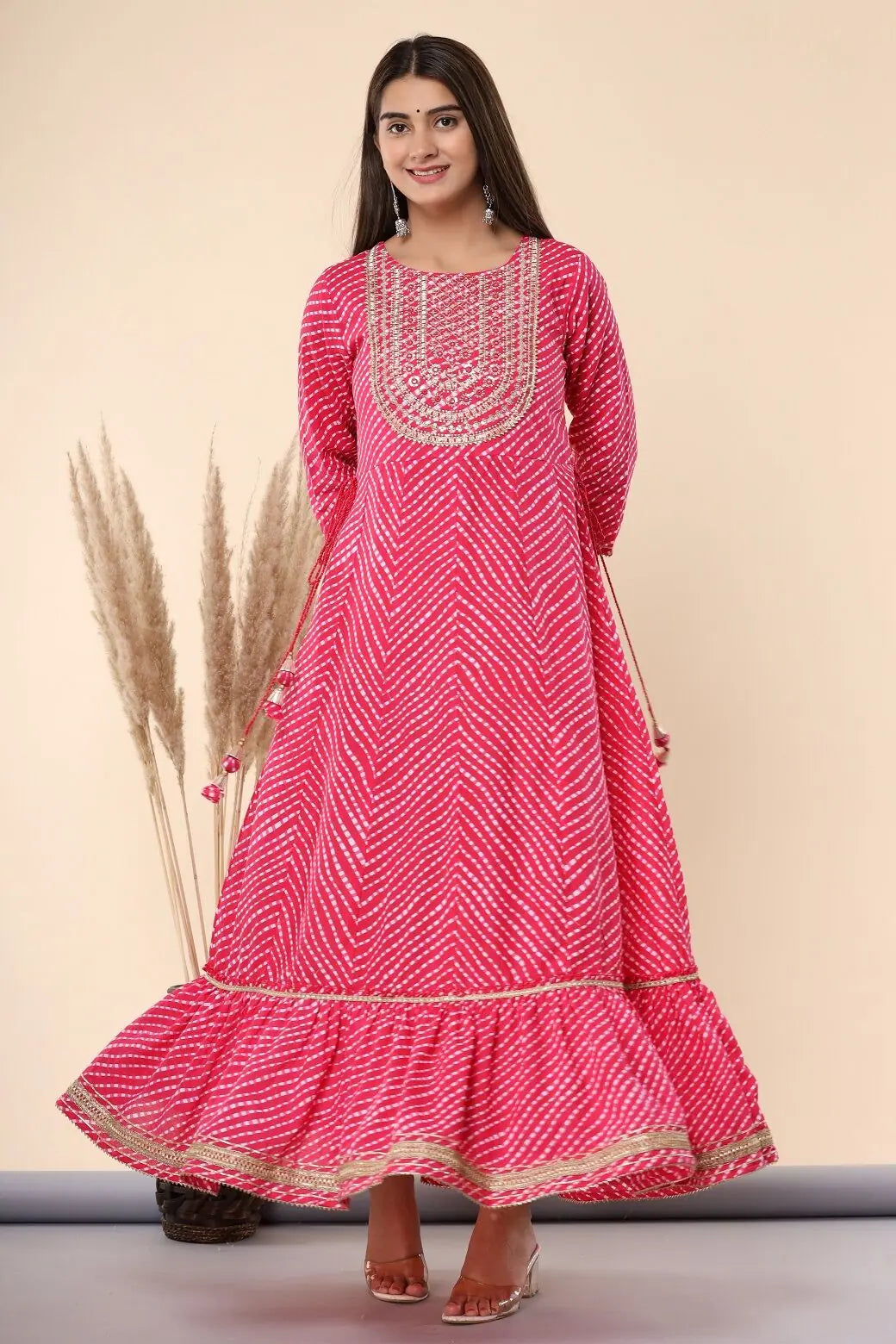 Fuschia Printed Embroidered Cotton Flared Indian Dress Online