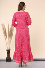 Women's Fuschia Printed Embroidered Mirror Work Cotton Flared Dress