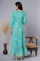 Women's Green Printed Embroidered Mirror Sequin Cotton Flared Dress