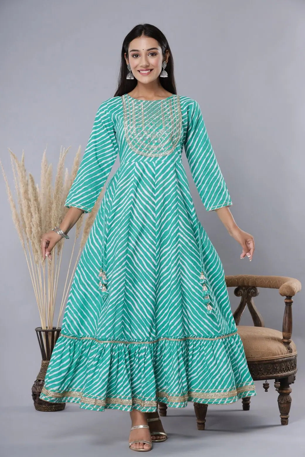 Green Printed Embroidered Cotton Dress | Indian Dresses Online