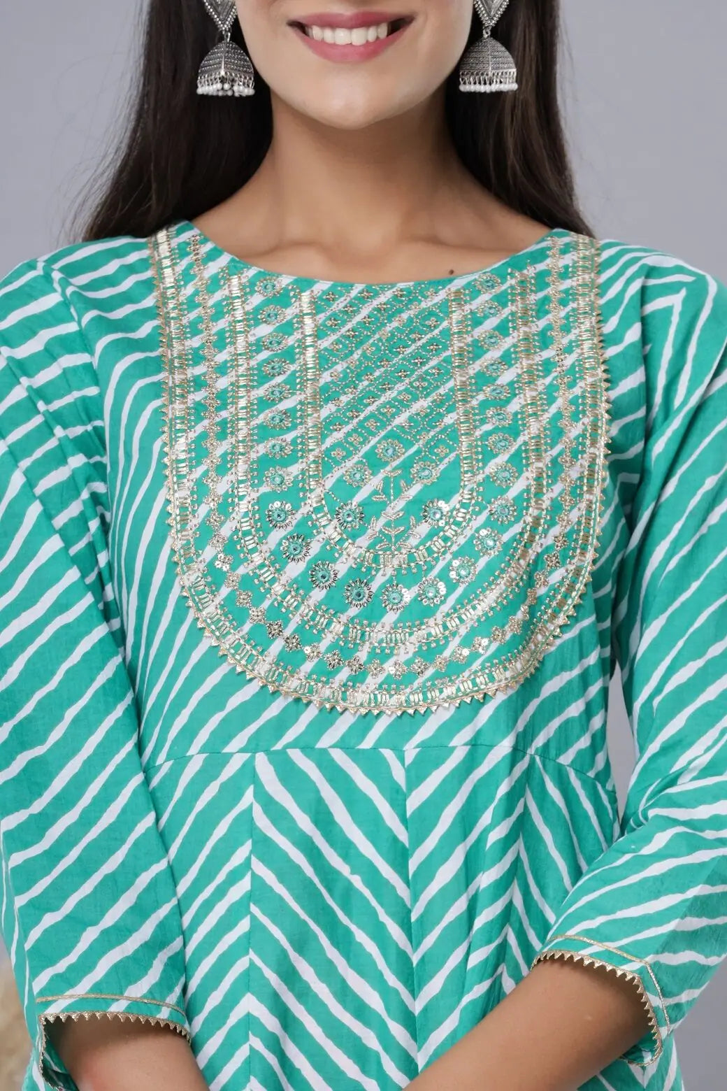 Green Printed Embroidered Cotton Dress | Indian Dresses Online