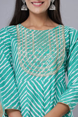 Women's Green Printed Embroidered Mirror Sequin Cotton Flared Dress