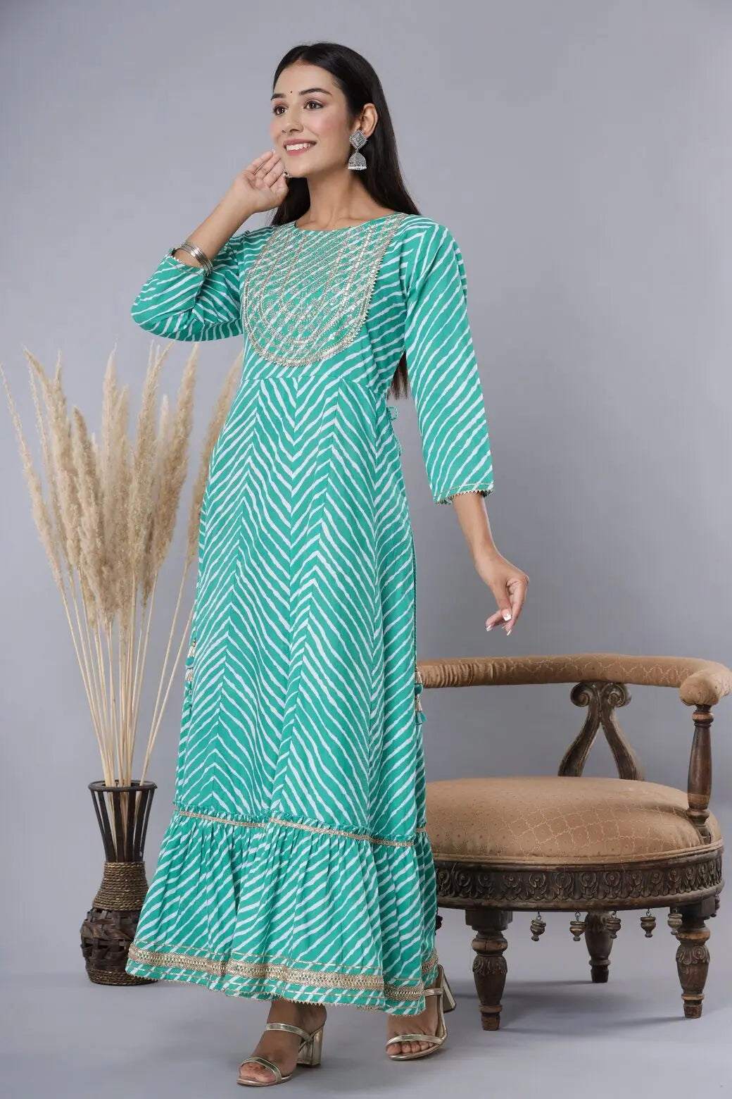 Green Printed Embroidered Cotton Dress | Indian Dresses Online
