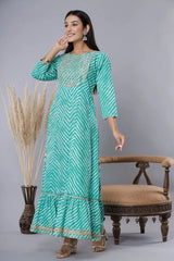 Women's Green Printed Embroidered Mirror Sequin Cotton Flared Dress