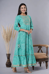 Women's Green Printed Embroidered Mirror Sequin Cotton Flared Dress