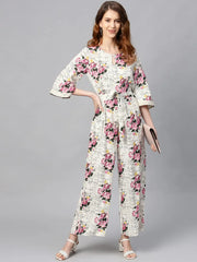 Offwhite Rayon Slub Printed Ethnic Jumpsuit
