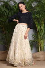 Ivory Net Embellished Flared Lehenga Choli