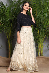 Ivory Net Embellished Flared Lehenga Choli