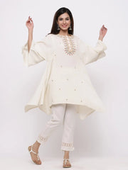 Offwhite Rayon Flex Embroidered Asymmetric Tunic