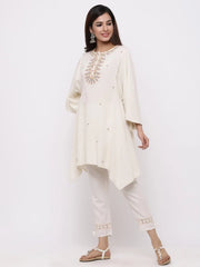 Offwhite Rayon Flex Embroidered Asymmetric Tunic