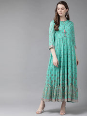 Mint Georgette Printed Tiered Dress