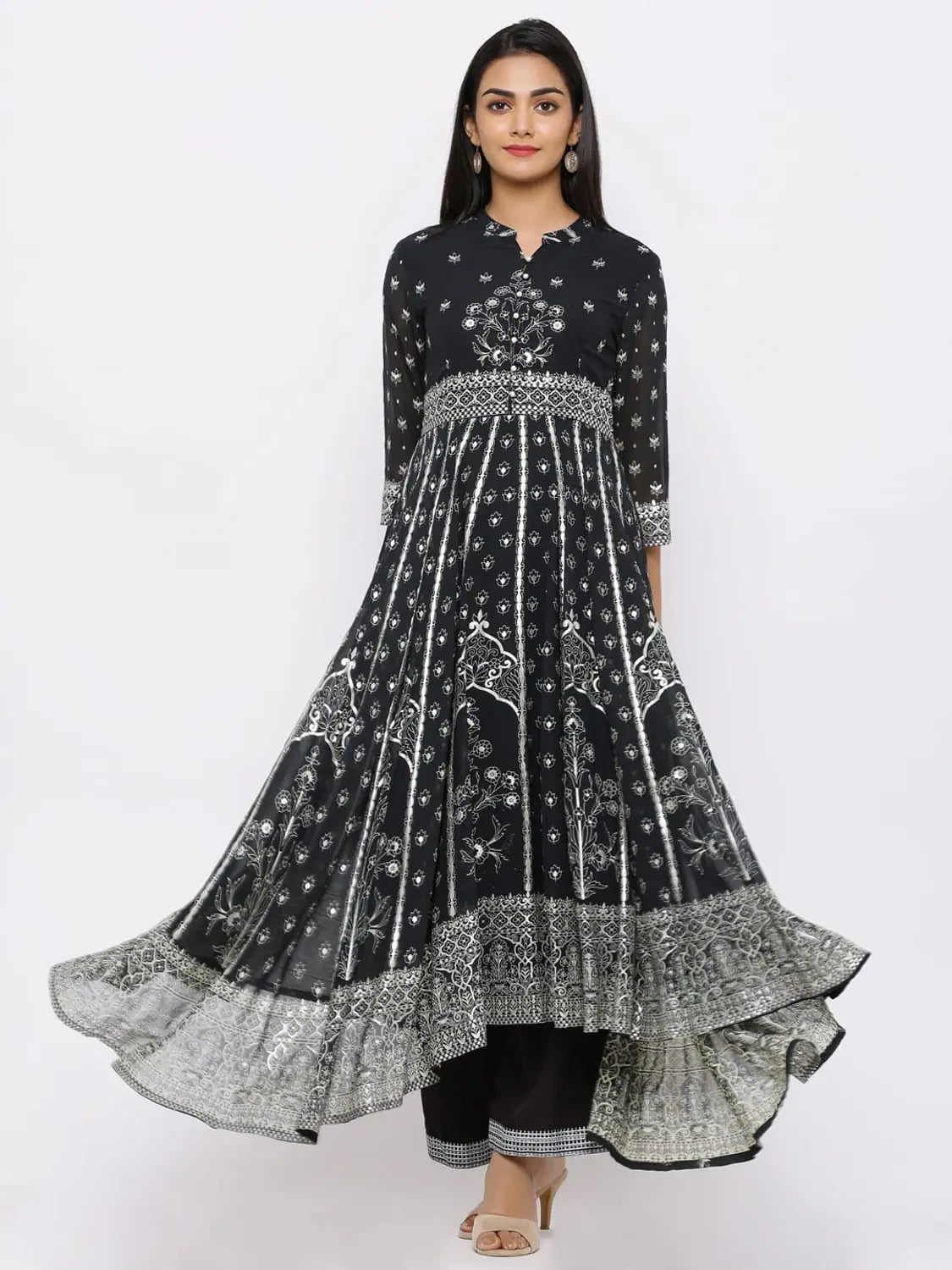 Mint Printed Anarkali Kurta Palazzo Set - Women's Fashion