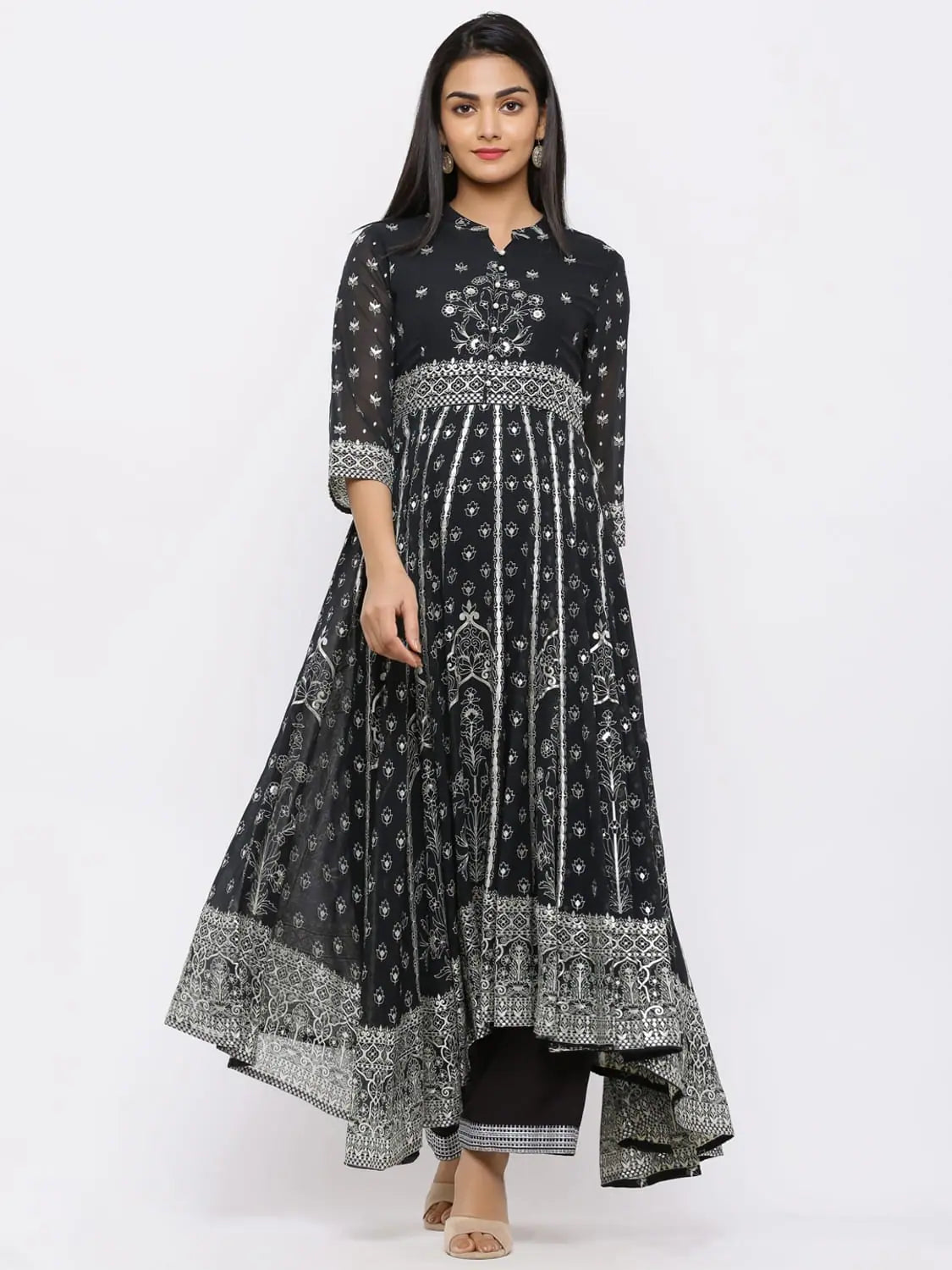 Mint Printed Anarkali Kurta Palazzo Set - Women's Fashion