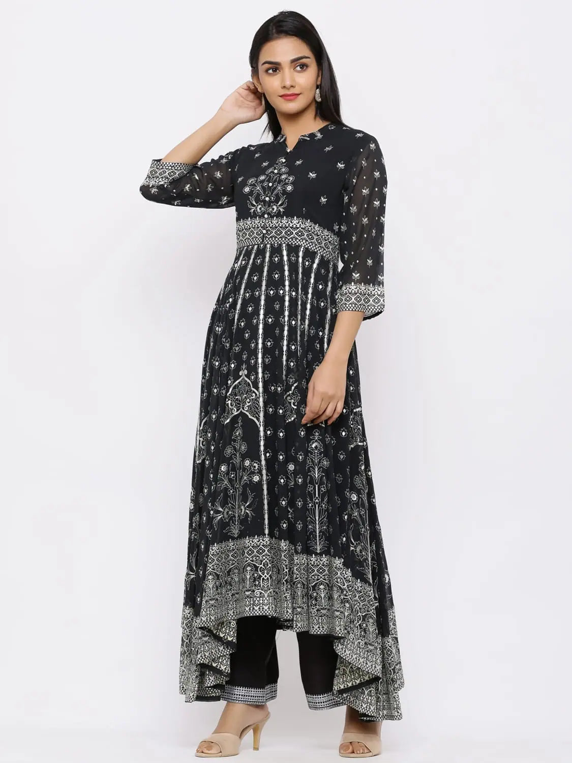Mint Printed Anarkali Kurta Palazzo Set - Women's Fashion