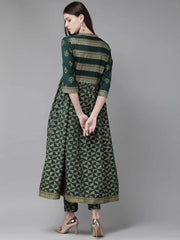 Jade Green Rayon Slub Printed Jacket Style Kurta With Pants