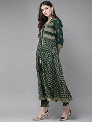 Jade Green Rayon Slub Printed Jacket Style Kurta With Pants
