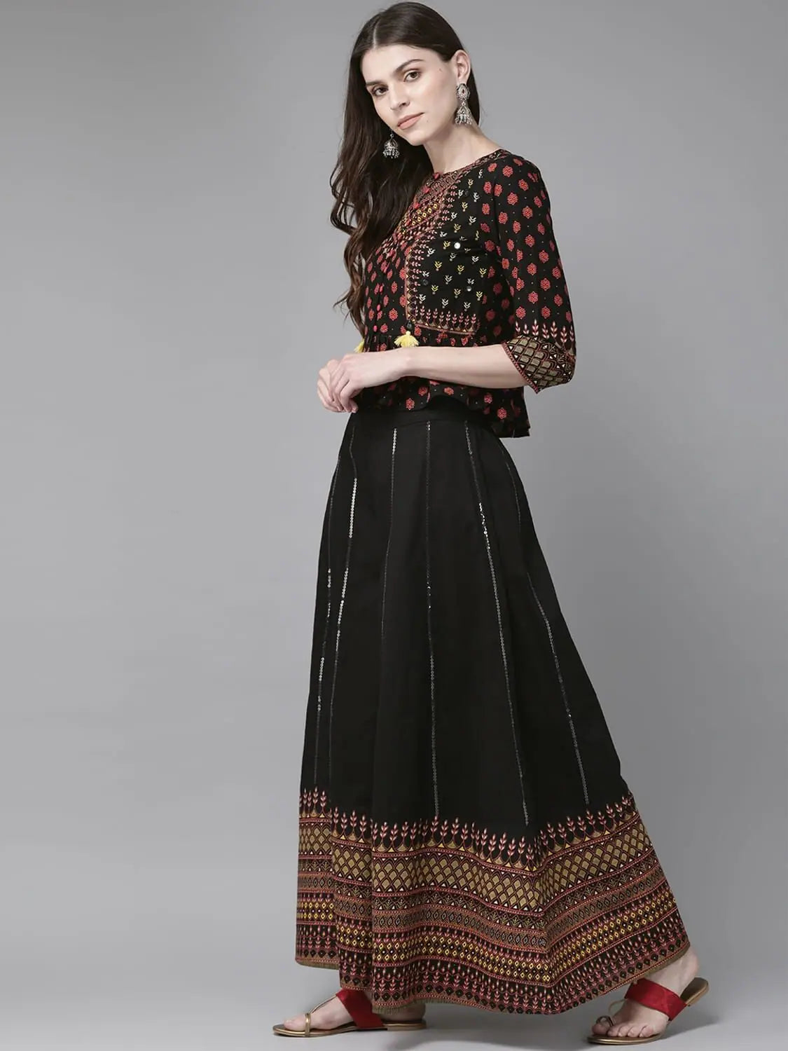 Black Printed Peplum Crop-Top Palazzo | Indian Suits for Women