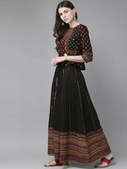 Black Cambric Printed Peplum Crop-Top With Palazzo