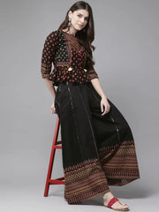 Black Cambric Printed Peplum Crop-Top With Palazzo