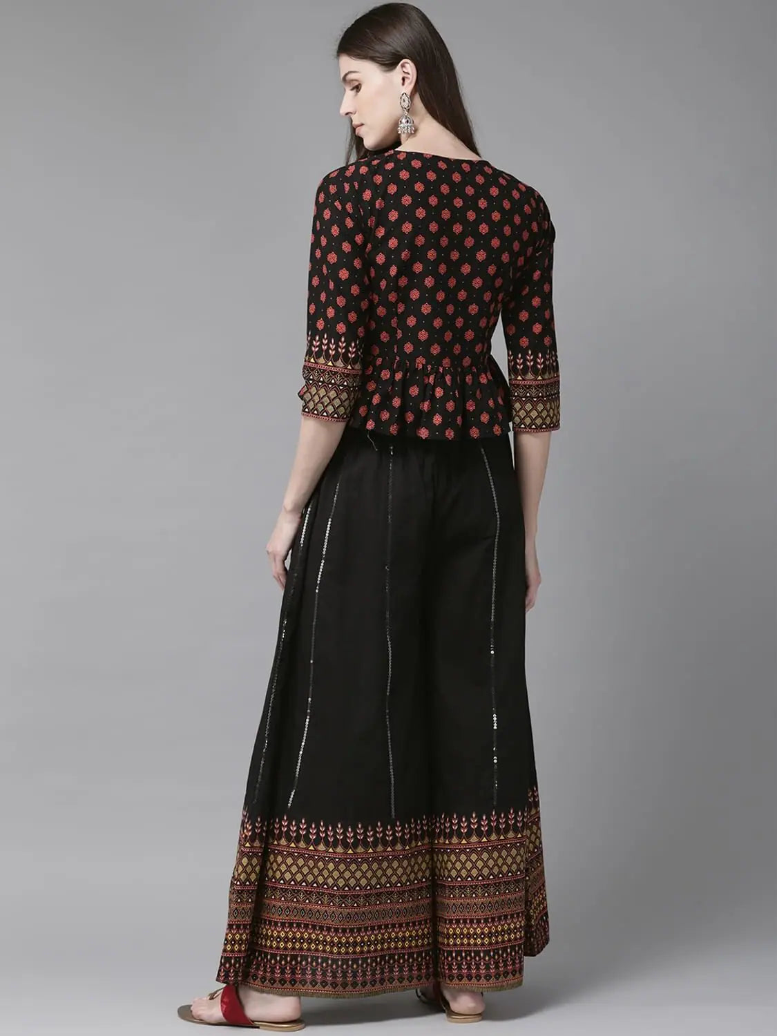 Black Printed Peplum Crop-Top Palazzo | Indian Suits for Women