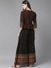 Black Cambric Printed Peplum Crop-Top With Palazzo