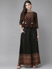 Black Cambric Printed Peplum Crop-Top With Palazzo