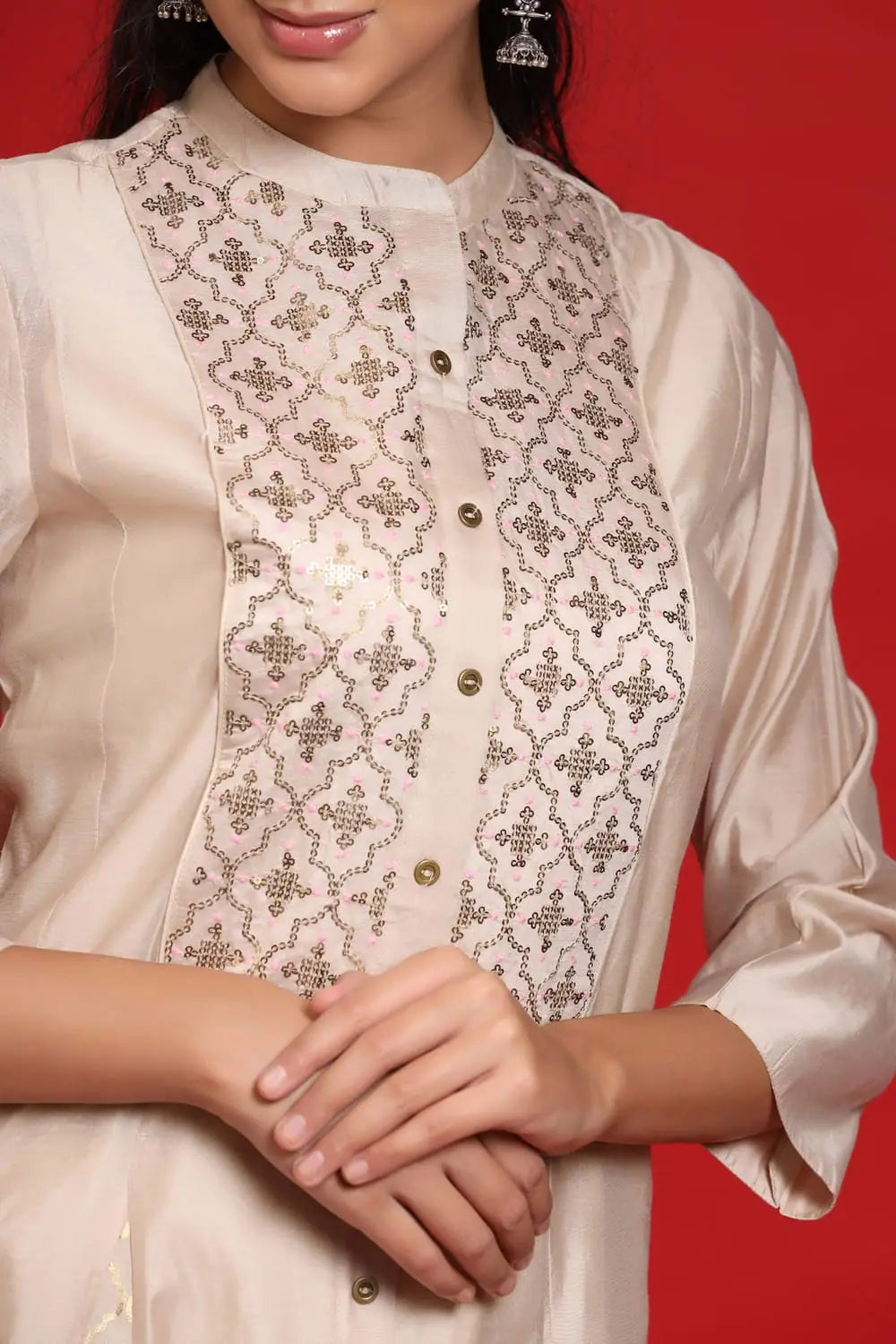 Beige Embellished Layered Anarkali Kurta - Silk Anarkali Suits