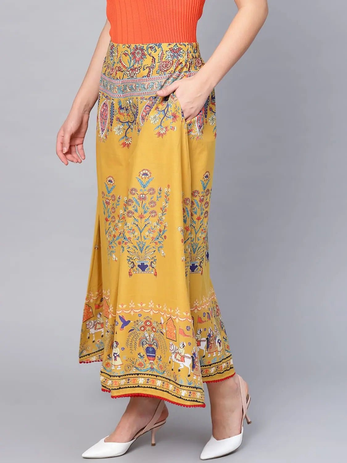Mustard Printed Palazzo Pants | Women's Wide Leg Cotton Trousers
