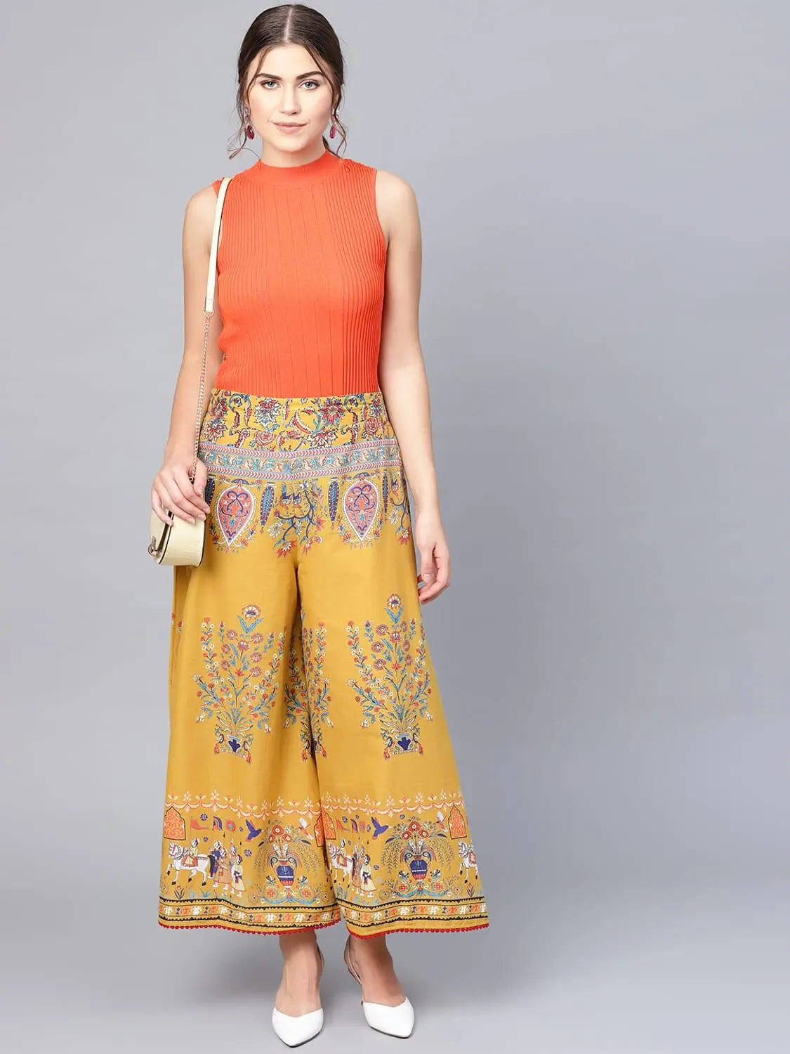 Mustard Printed Palazzo Pants | Women's Wide Leg Cotton Trousers